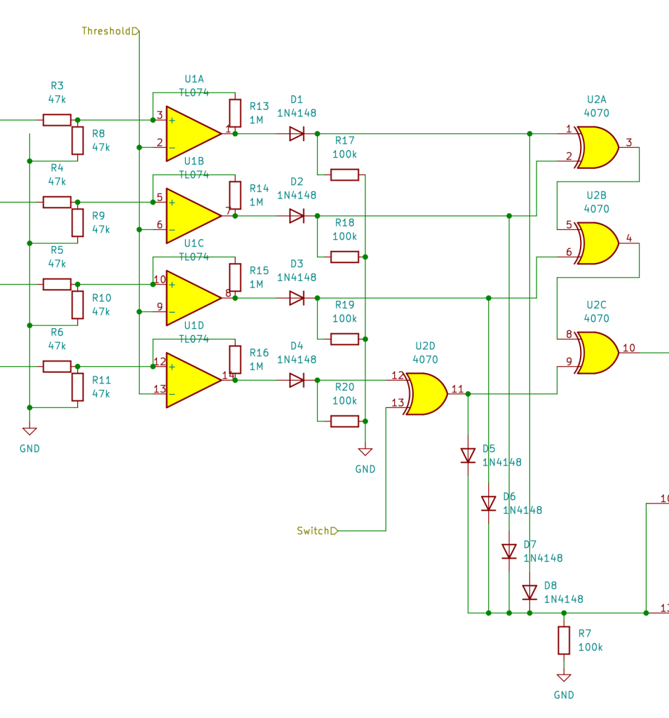 Extract from electronic schematic. Lots of resistors, diodes, op-amps and XOR logic.